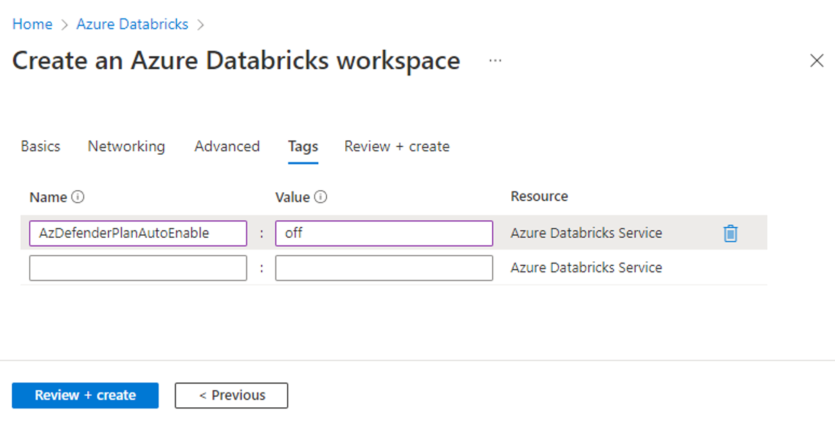 Captura de tela que mostra como criar uma tag no workspace do Databricks.