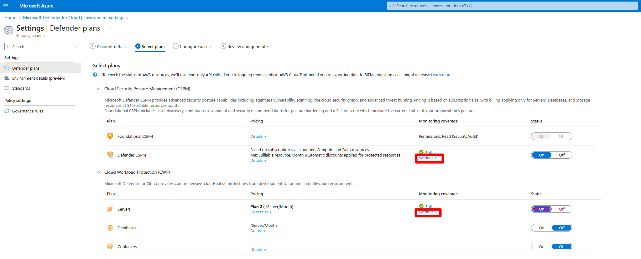 Captura de tela do link das configurações dos planos do Defender para contas AWS.