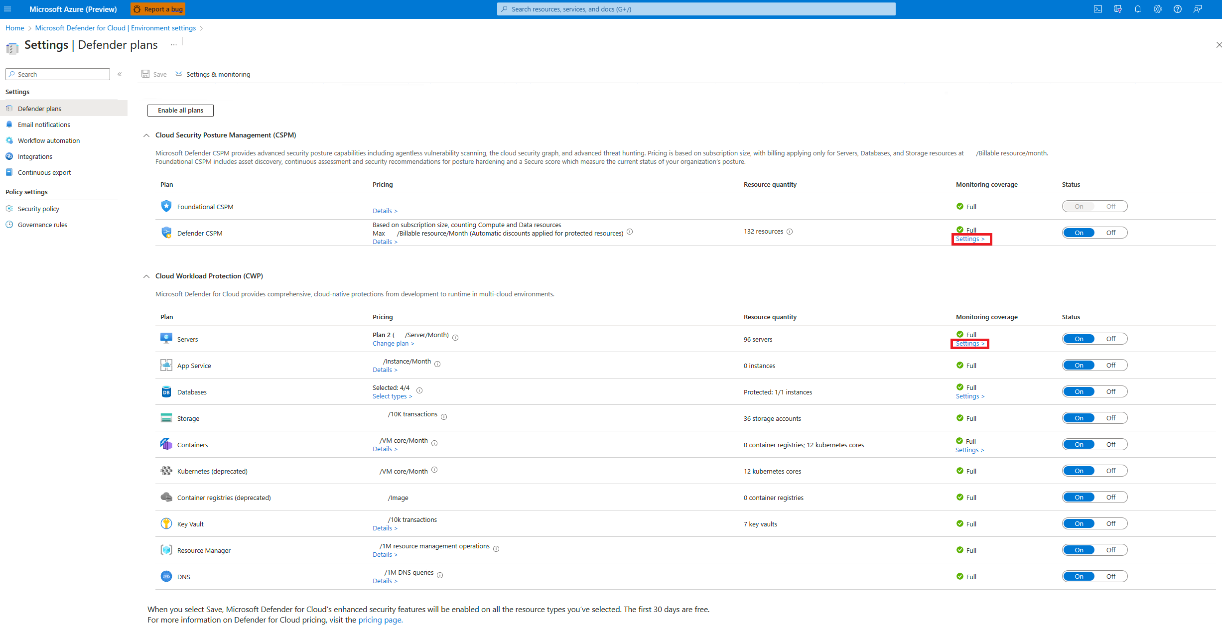 Captura de tela do link das configurações dos planos do Defender para contas do Azure.