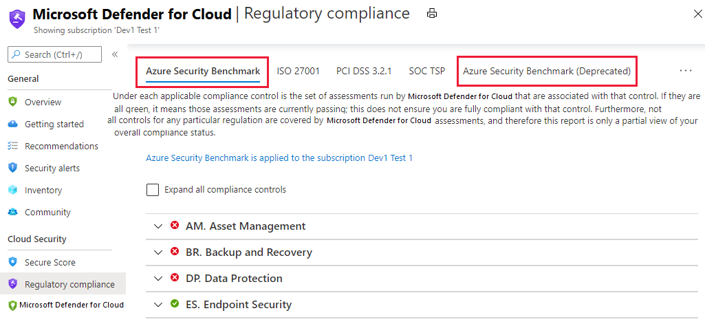 O painel de conformidade regulatória da Central de Segurança do Azure que mostra o Azure Security Benchmark