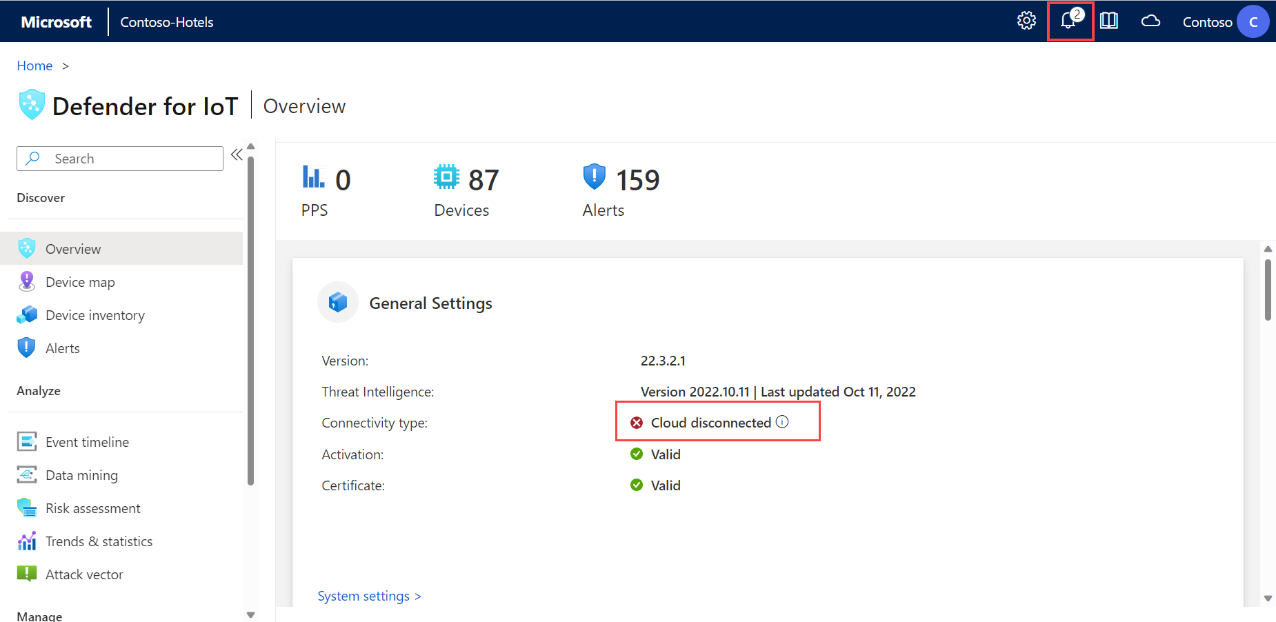 Captura de tela do status de conectividade do Azure mostrado na página Visão geral do sensor de OT.
