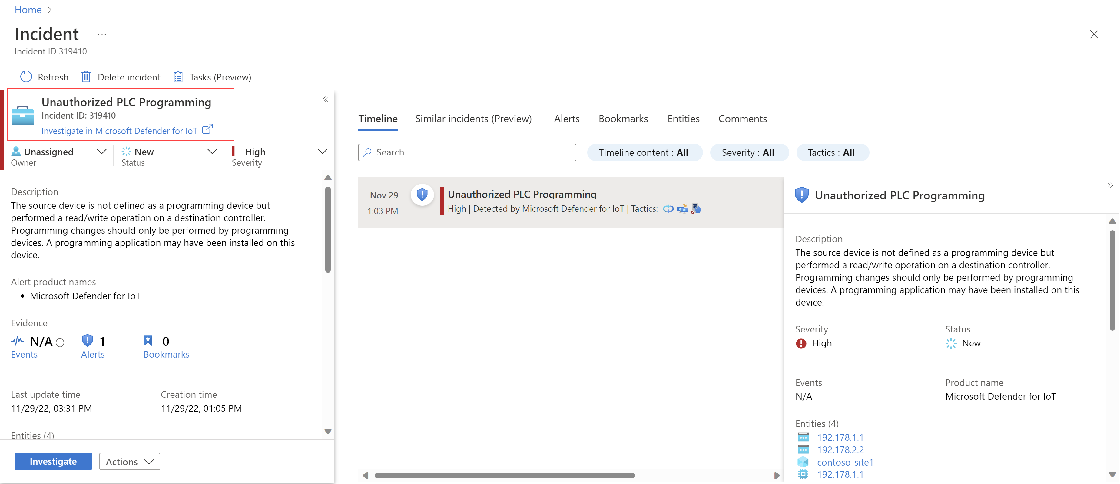 Screenshot of the Investigate in Microsoft Defender for IoT option.