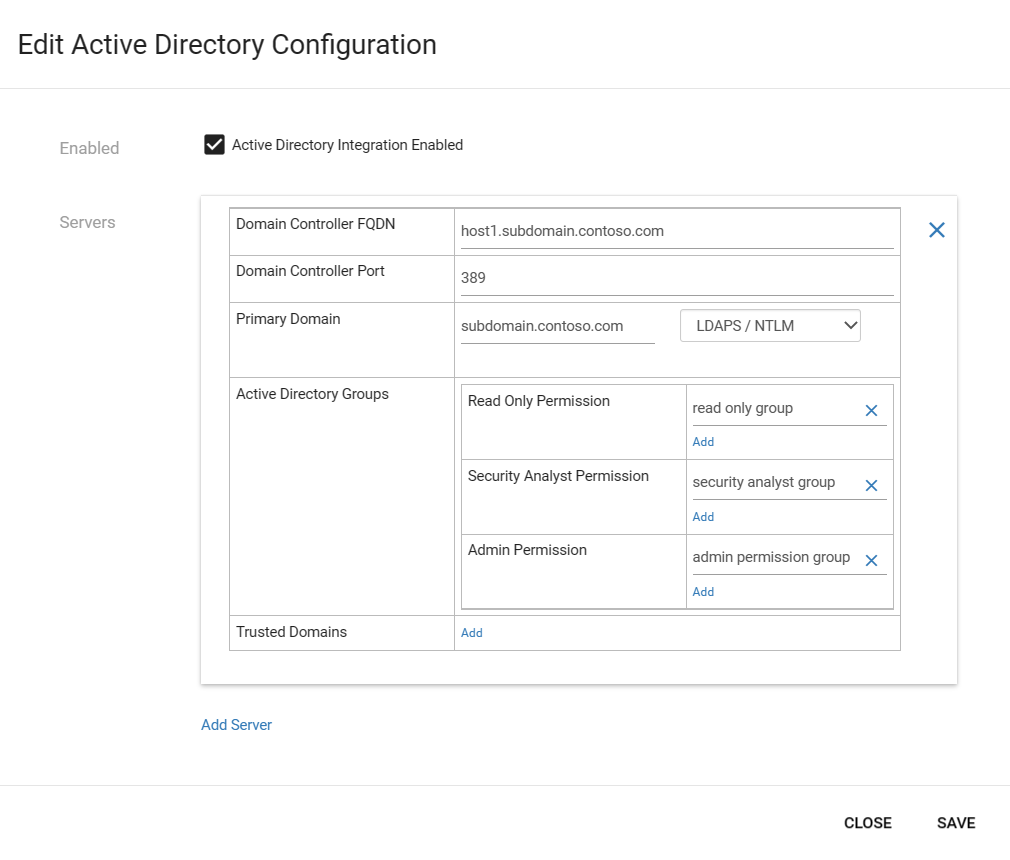 Captura de tela da configuração de integração do Active Directory no console de gerenciamento local.