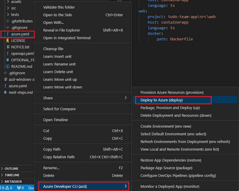 Captura de tela do Visual Studio Code com azure.yaml destacado e o menu de contexto do AZD com Azure Developer CLI e Implantar no Azure destacados.