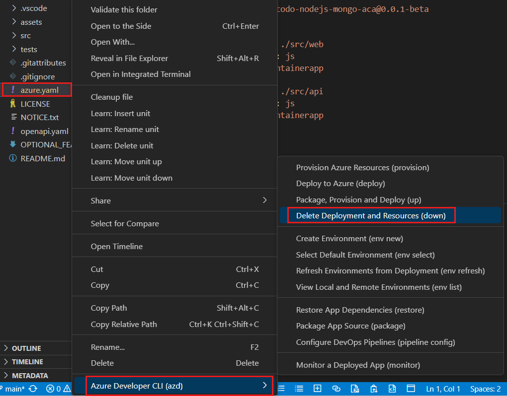 Captura de tela do Visual Studio Code com azure.yaml destacado e o menu de contexto do AZD com Azure Developer CLI e Excluir implantação e recursos (abaixo) destacados.