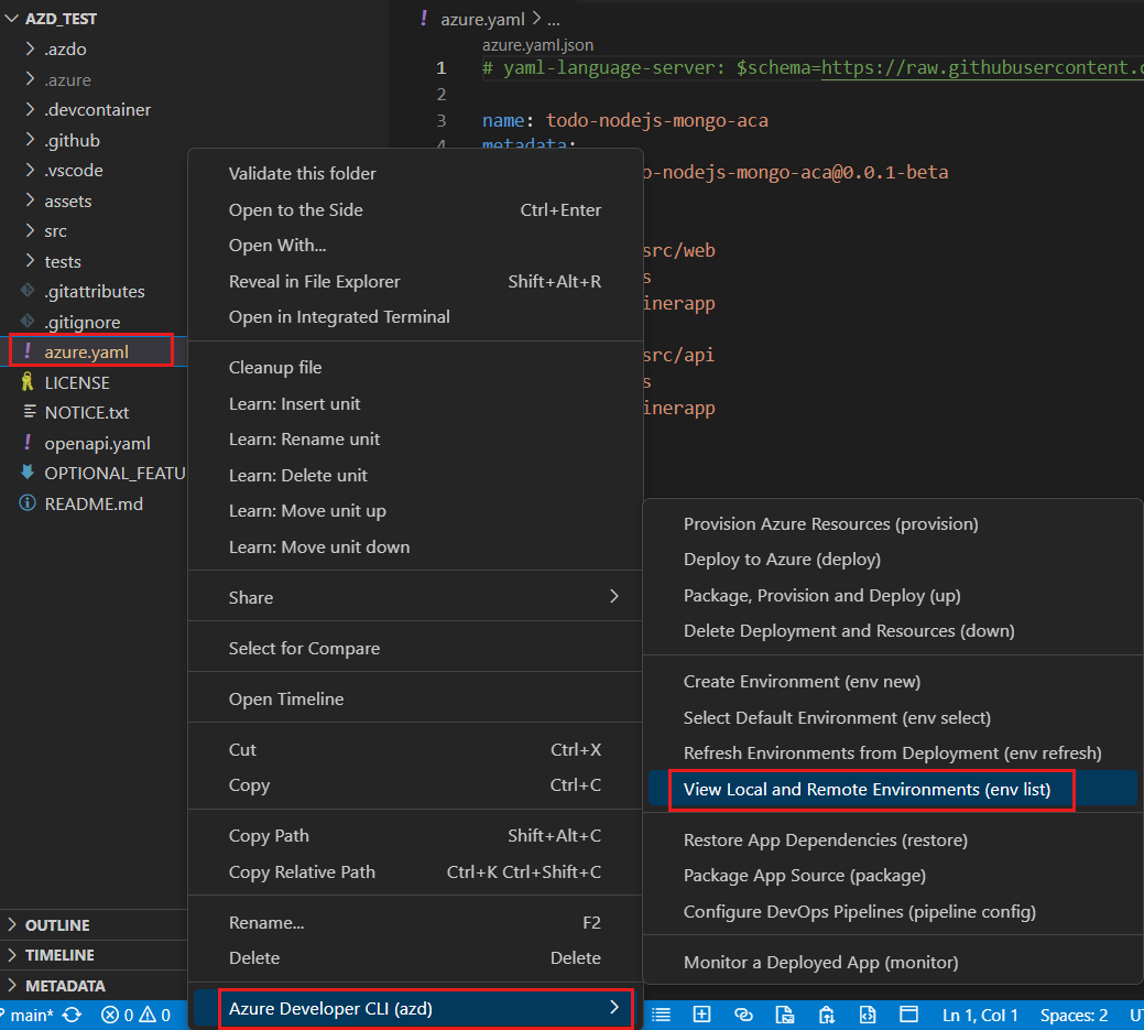 Captura de tela do Visual Studio Code com azure.yaml destacado e o menu de contexto AZD com Azure Developer CLI e Exibir ambientes locais e remotos destacados.