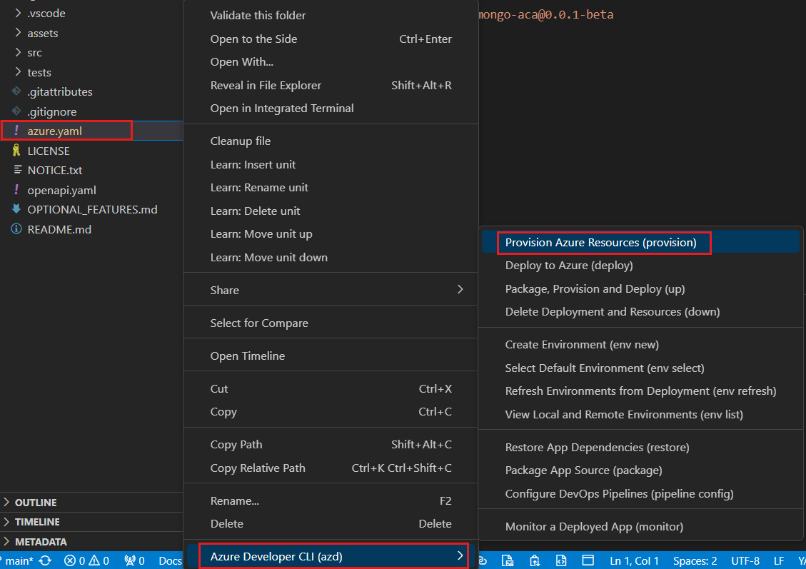 Captura de tela do Visual Studio Code com azure.yaml destacado e o menu de contexto do AZD com a Azure Developer CLI e o ambiente de provisionamento destacados.