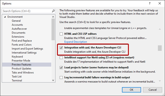 Captura de tela mostrando a caixa de diálogo de recursos do Visual Studio Preview, com Integração com azd, a Azure Developer CLI selecionada.