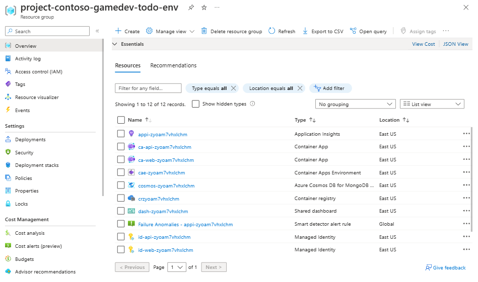 Captura de tela mostrando recursos provisionados do AZD no portal do Azure.