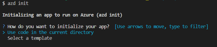 Captura de tela mostrando o comando az init e o prompt Como você deseja inicializar seu aplicativo.