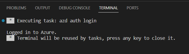 Captura de tela do terminal azd dev, mostrando o pressionamento de qualquer tecla para fechar a mensagem.