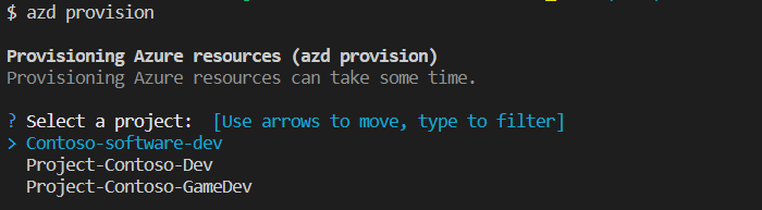 Captura de tela mostrando o prompt de inicialização do azd para selecionar um projeto.