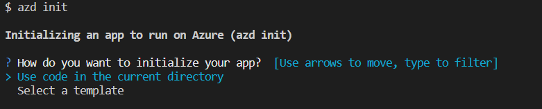 Captura de tela do terminal AZD no Visual Studio Code, mostrando o prompt Usar código no diretório atual.