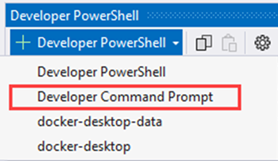 Captura de tela mostrando o menu da janela do terminal com o Prompt de Comando do Desenvolvedor destacado.