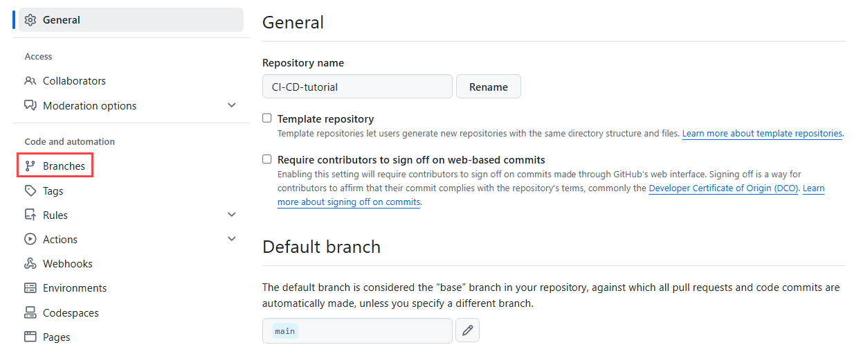 Screenshot showing the settings page, with branches highlighted.