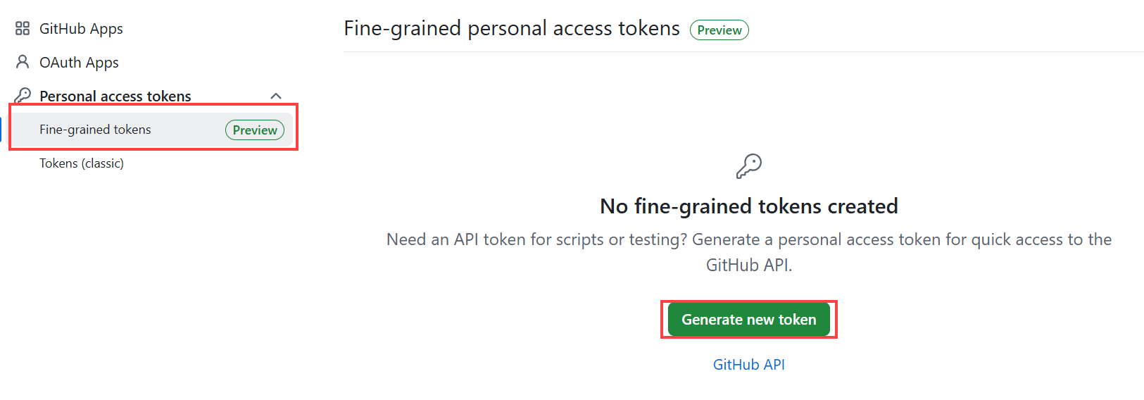 Screenshot showing the GitHub personal access token options, with Fine-grained tokens and Generate new token highlighted.