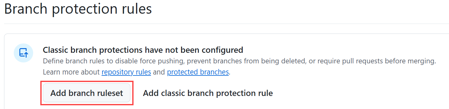 Screenshot showing the branch protection rule page, with Add branch protection rule highlighted.