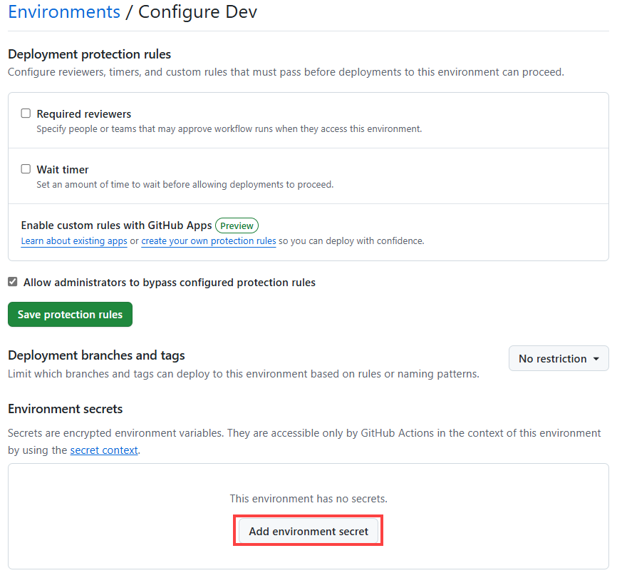 Screenshot showing the Environment Configure Dev pane, with Add secret highlighted.