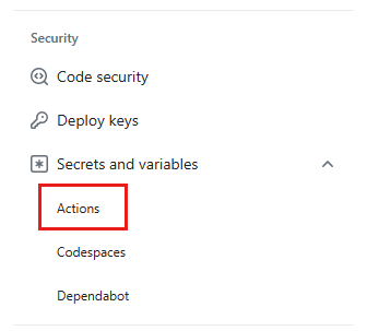 Screenshot showing the Security section of the sidebar with Actions highlighted.