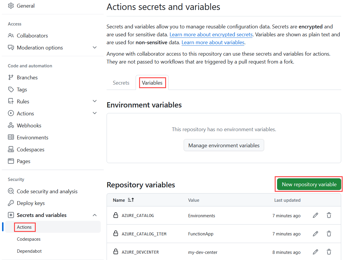 Screenshot showing the variables page with the variables table.