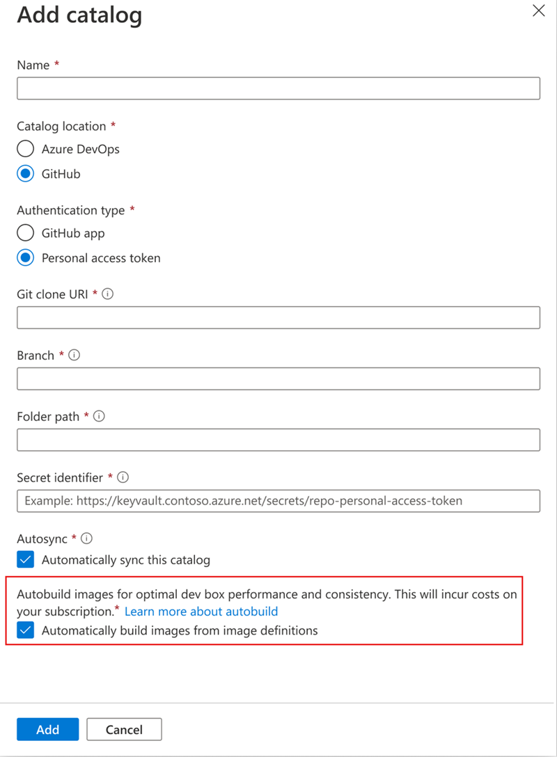 Captura de tela mostrando a opção criar automaticamente uma imagem nas configurações do catálogo.