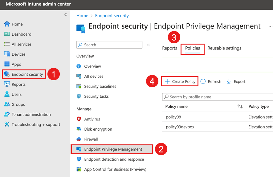 Captura de tela do Centro de administração do Microsoft Intune, mostrando o painel Segurança de Ponto de Extremidade | Gerenciamento de Privilégios de Ponto de Extremidade.