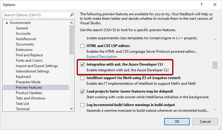 Screenshot of the Visual Studio option to turn on integration with the Azure Developer CLI.