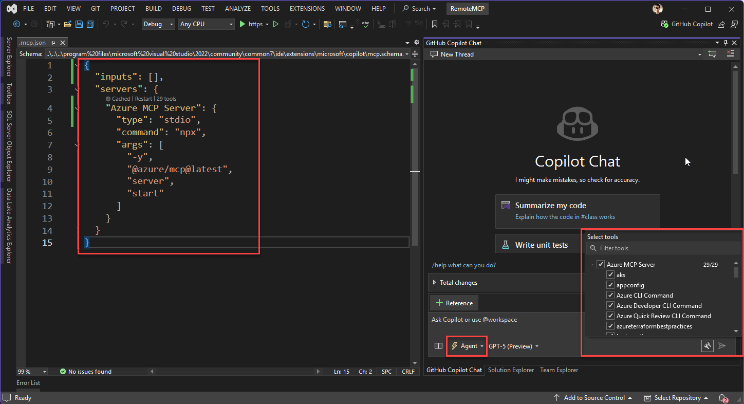 Uma captura de tela mostrando como configurar o Servidor MCP do Azure no Visual Studio.