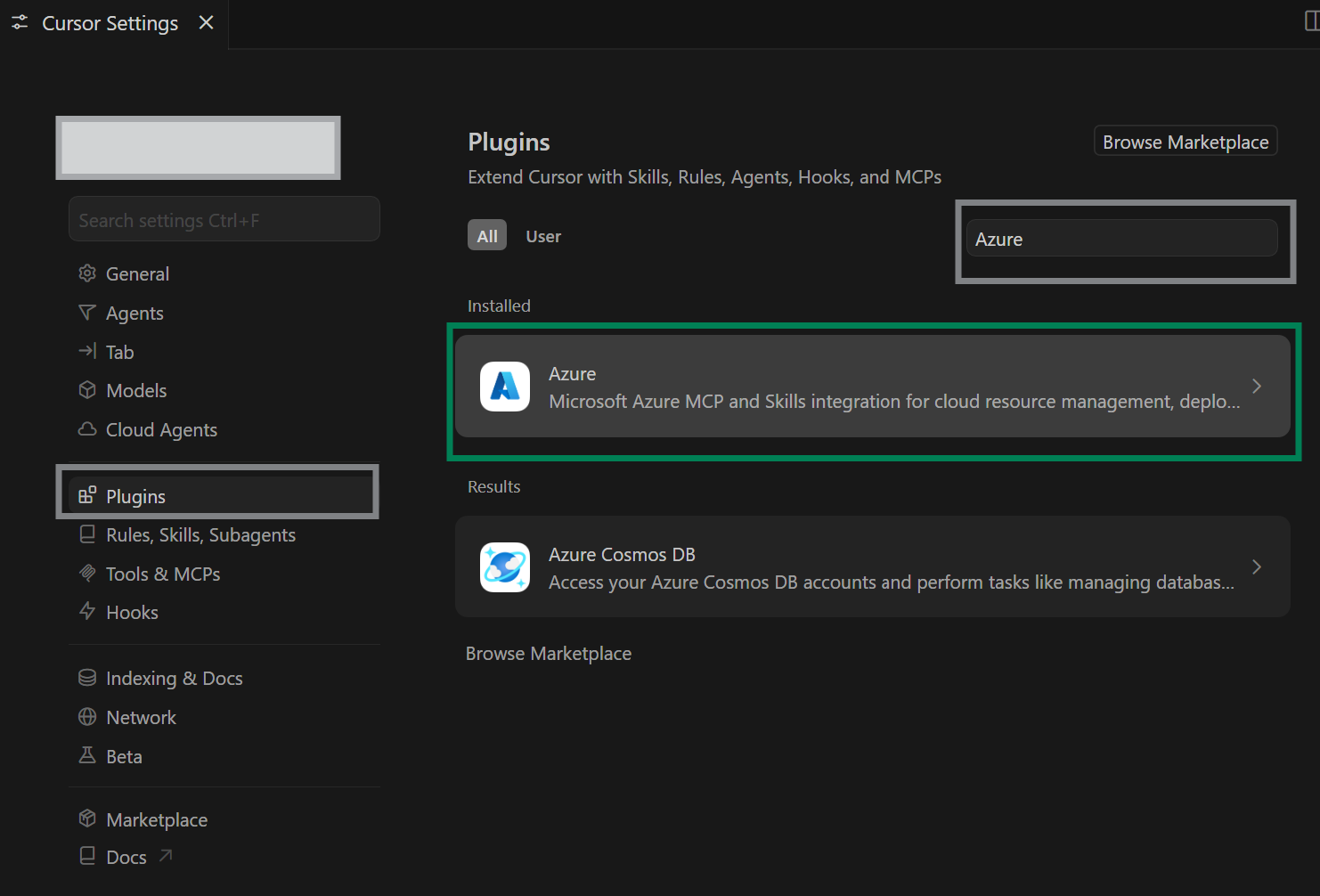 Uma captura de tela mostrando o plug-in do Azure nas configurações do Plug-ins do Cursor.