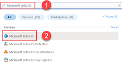 Uma captura de tela mostrando como usar a barra de pesquisa superior no portal do Azure para pesquisar e navegar até a página ID do Microsoft Entra.