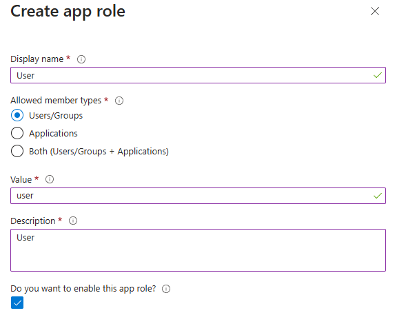 Captura de tela do portal do Azure que mostra o painel Criar função de aplicativo para o usuário normal.