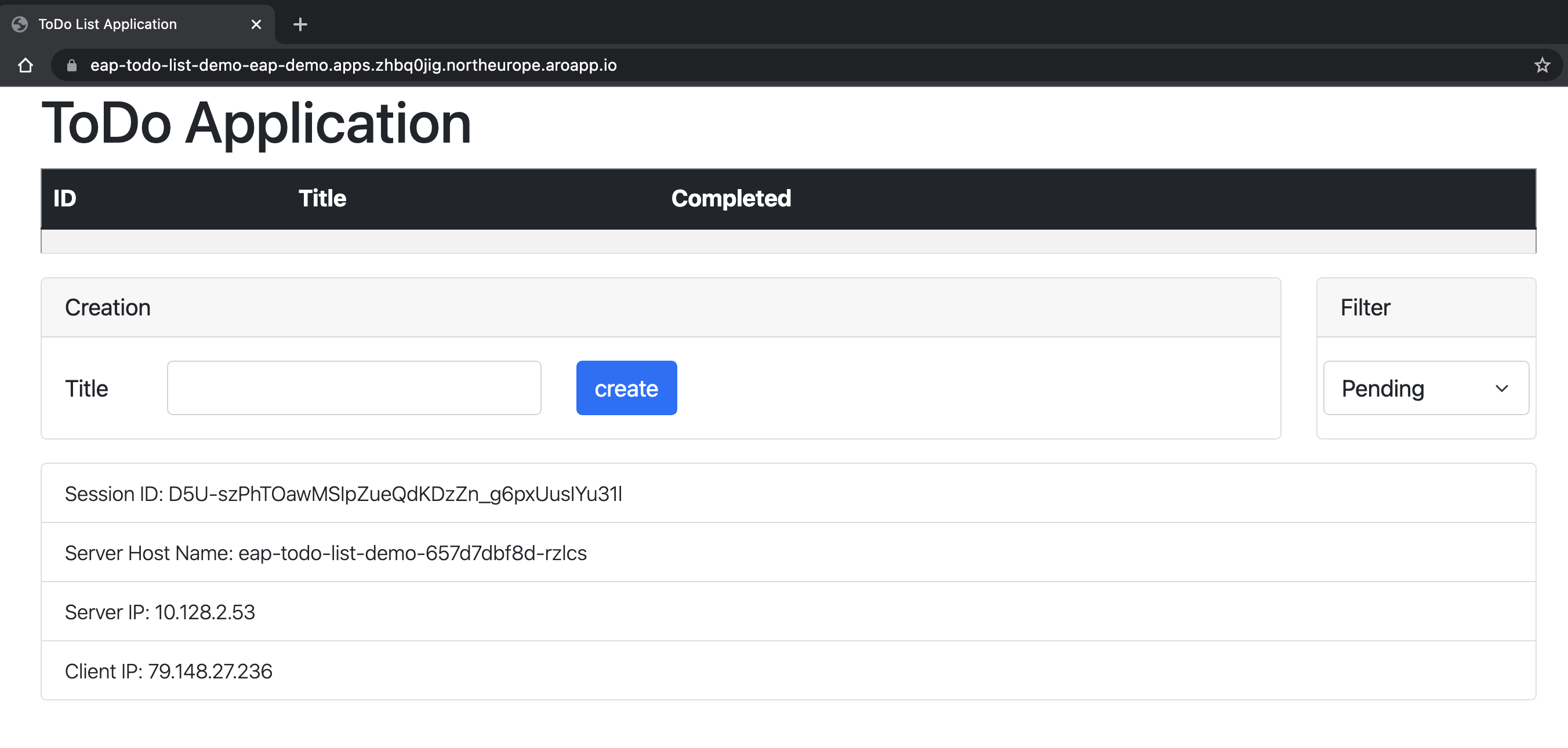 Captura de tela do aplicativo OpenShift em execução.