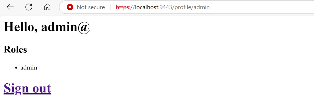 Captura de tela do aplicativo de exemplo que mostra o perfil do administrador.