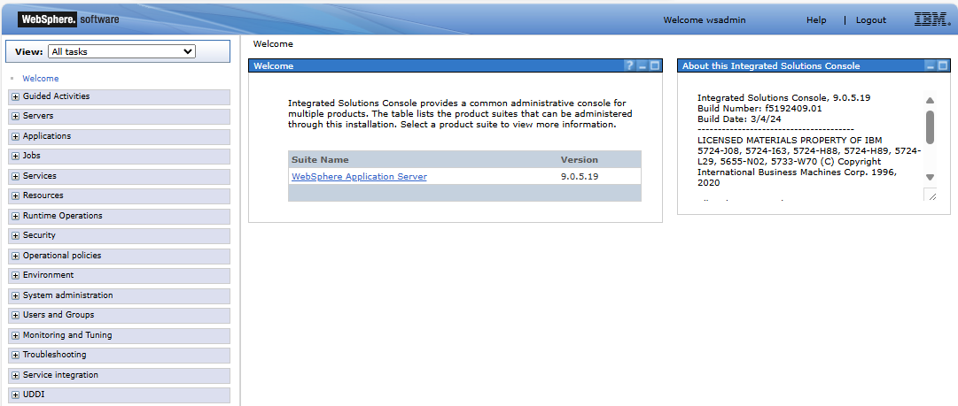 Screenshot of IBM WebSphere administrative console page.