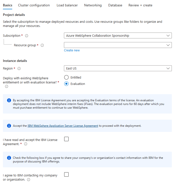 Screenshot of Azure portal with IBM WebSphere Application Server Cluster offering showing Basics configuration pane using IBMid.