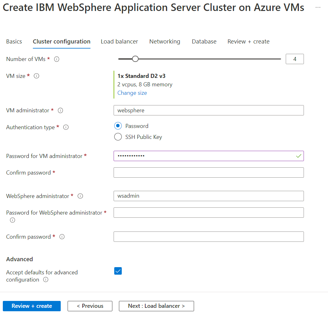 Azure portal screenshot with IBM WebSphere Application Server Cluster offering showing 'Cluster configuration' pane.