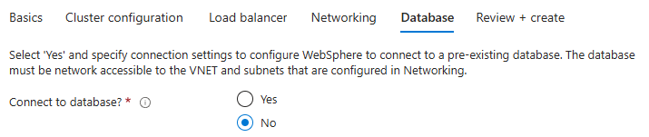 Captura de tela do portal do Azure que mostra o painel Banco de Dados do Cluster de ND do IBM WAS em VMs do Azure.
