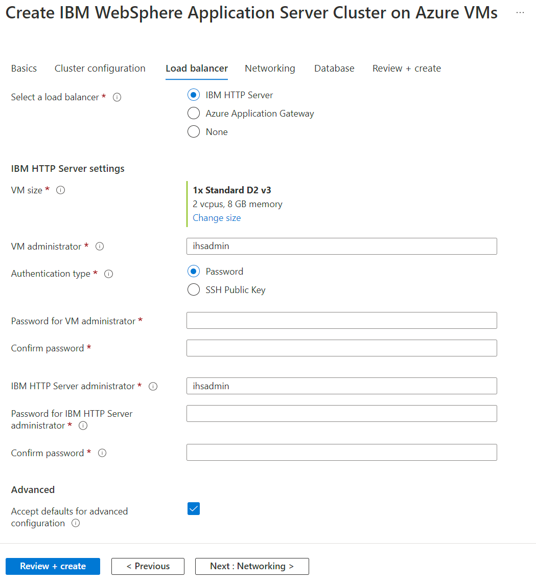Azure portal screenshot with IBM WebSphere Application Server Cluster offering showing 'IBM HTTP Server Load Balancer' pane.