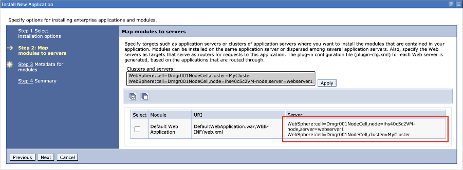 Screenshot of IBM WebSphere 'Install New Application' dialog with 'Step 2: Map modules to servers' pane showing and 'Server' table column highlighted.