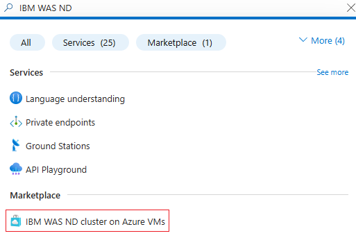 Captura de tela do portal do Azure que mostra o cluster de ND do IBM WAS em VMs do Azure nos resultados da pesquisa.