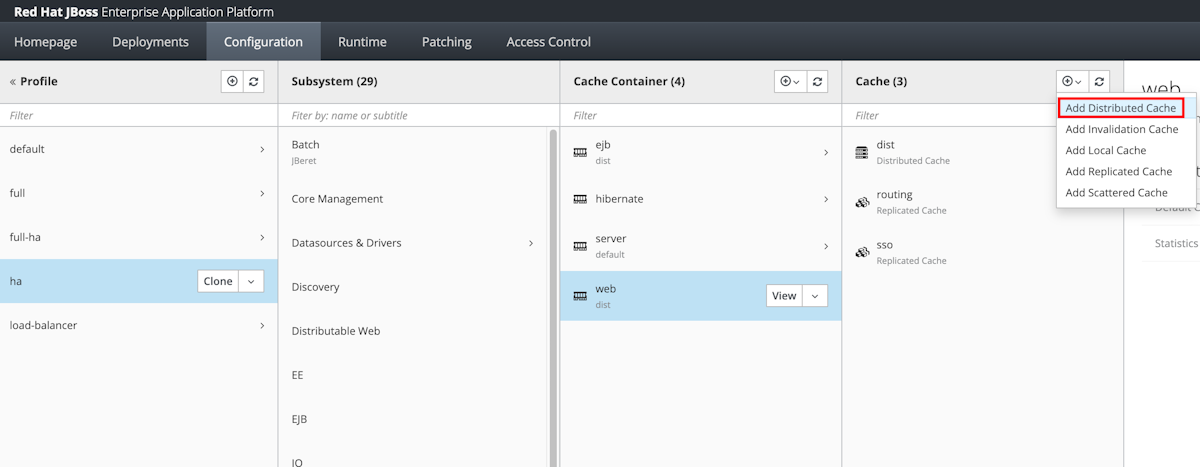 Captura de tela do console de gerenciamento JBoss EAP Adicionar Cache Distribuído.