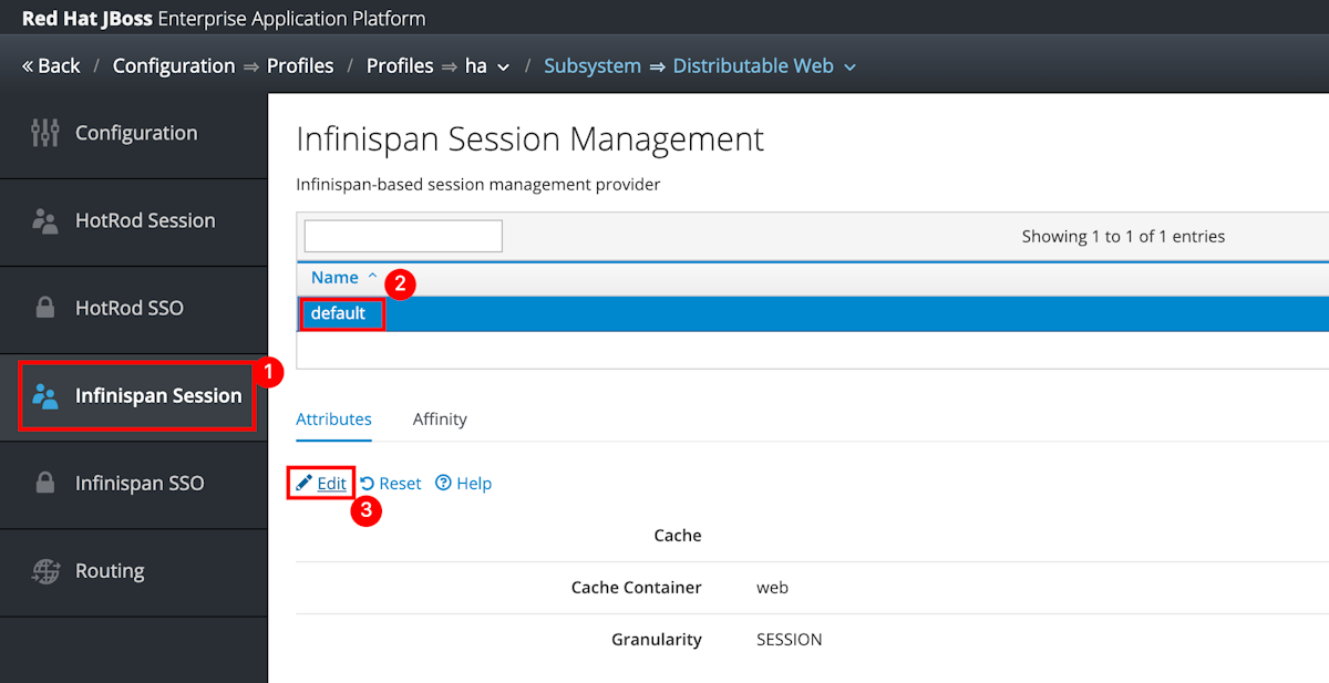 Captura de tela do console de gerenciamento JBoss EAP Editar Infinspan SSO.