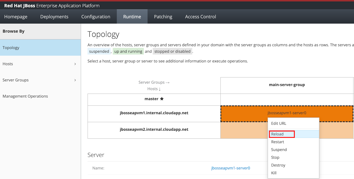 Captura de tela dos servidores de recarga do console de gerenciamento do JBoss EAP.