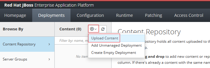 Captura de tela da guia Implantações do console de gerenciamento JBoss EAP com o item de menu Carregar Conteúdo realçado.