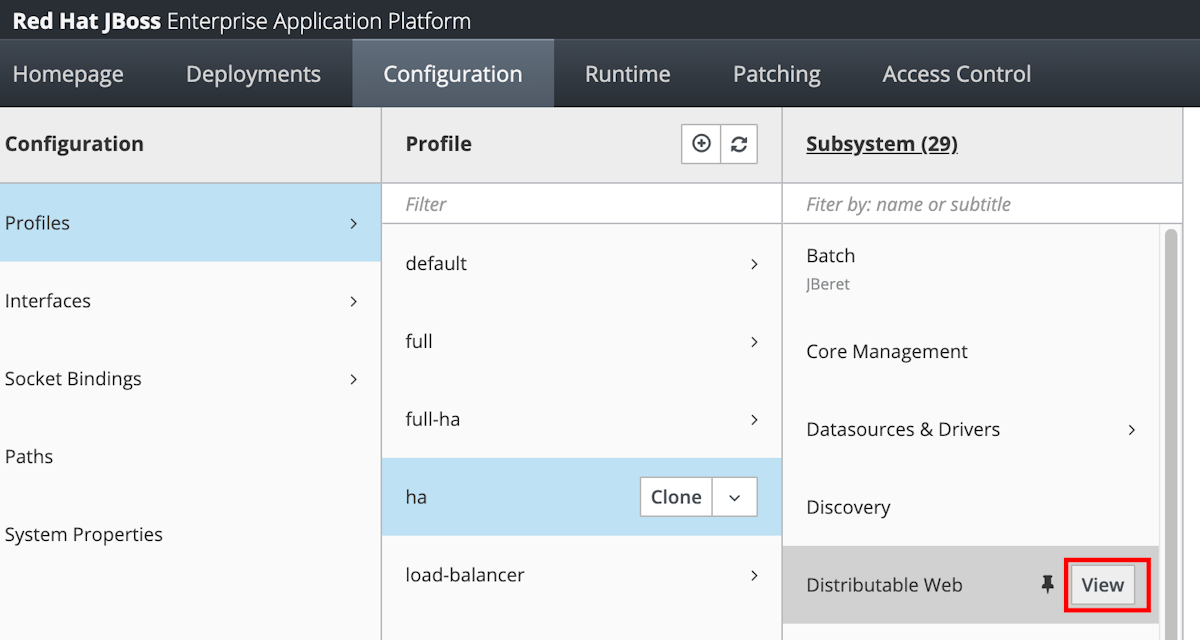 Captura de tela do console de gerenciamento JBoss EAP Exibir Web distribuível.