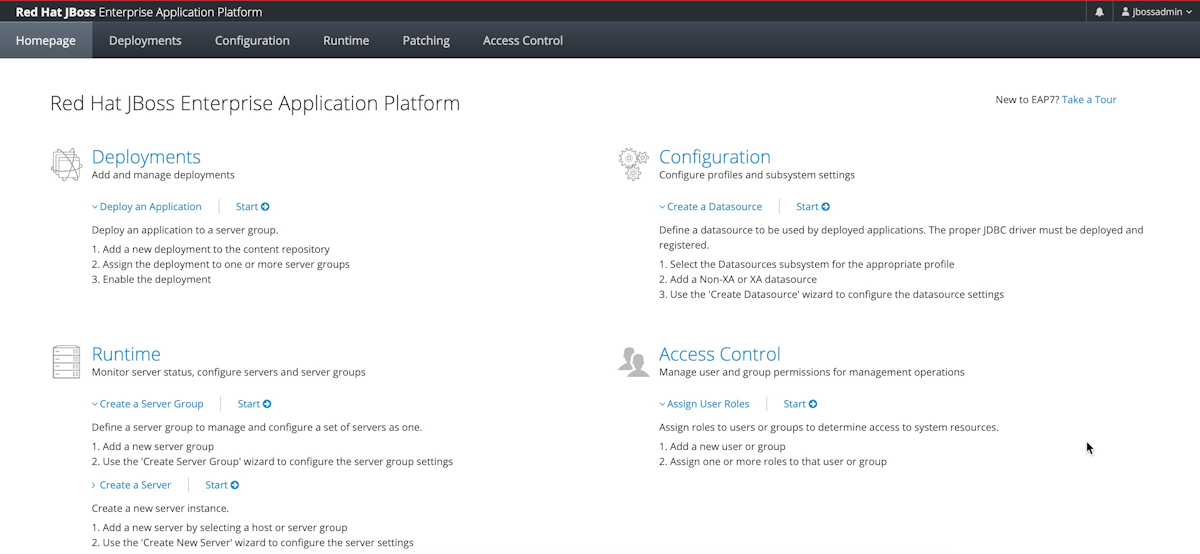 Captura de tela da página de boas-vindas do console de gerenciamento do JBoss EAP.