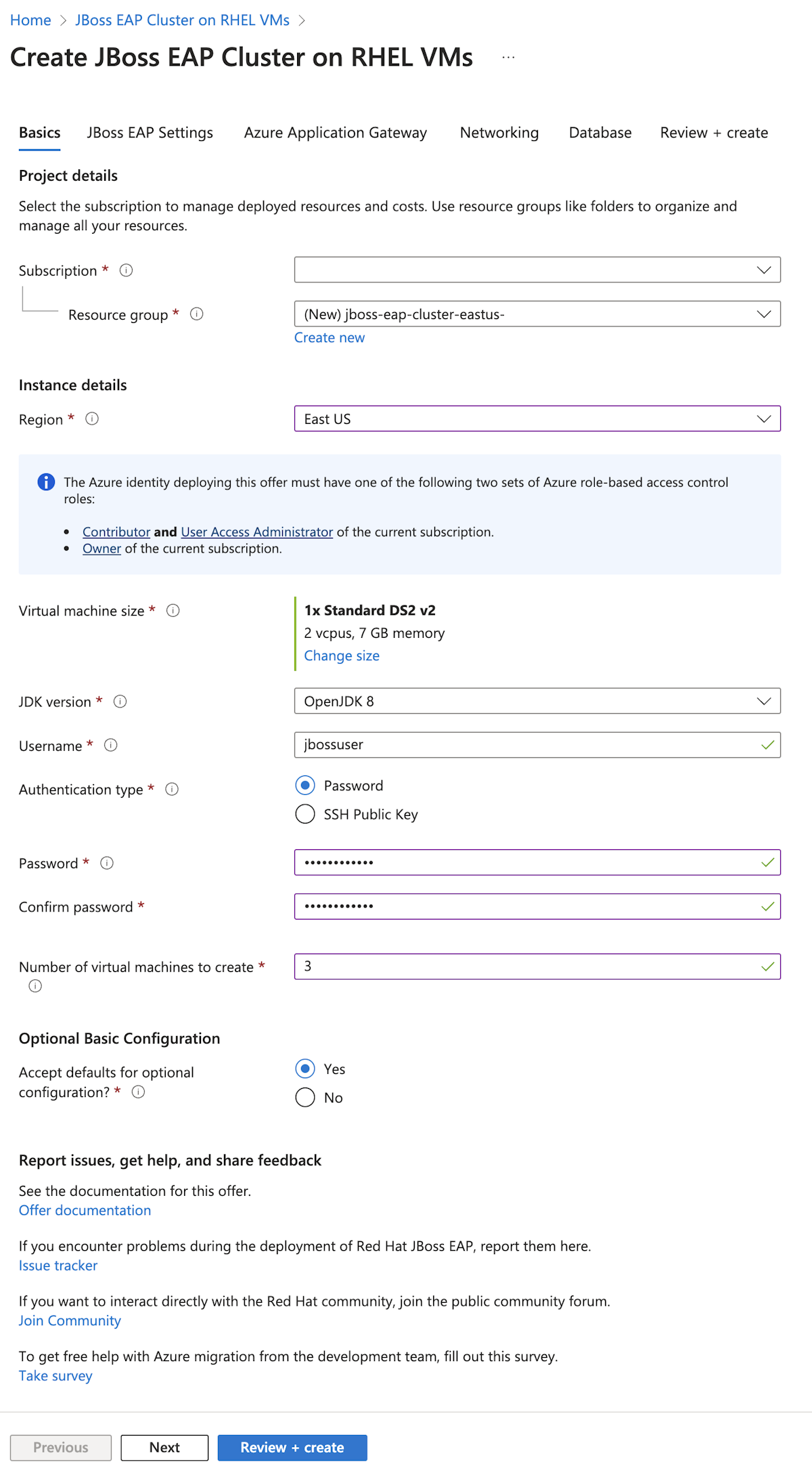 Captura de tela do portal do Azure que mostra o painel Noções básicas do cluster do servidor de aplicativos do JBoss EAP em VMs do Azure.