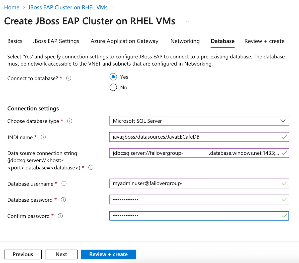 Captura de tela do portal do Azure que mostra o painel Banco de dados.