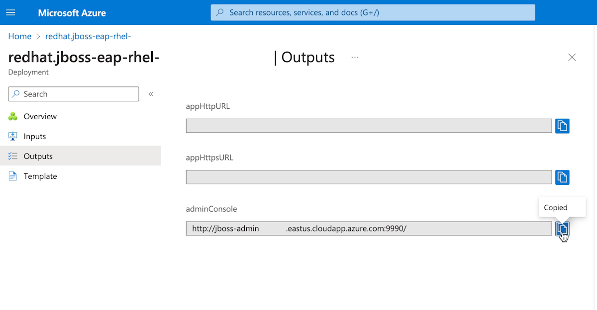 Captura de tela do portal do Azure mostrando as saídas de implantação com a URL adminConsole realçada.