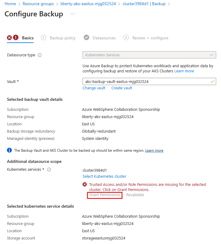 Captura de tela do portal do Azure que mostra o painel Noções Básicas de Configuração de Backup com erros de permissão e com o link Conceder Permissões realçado.